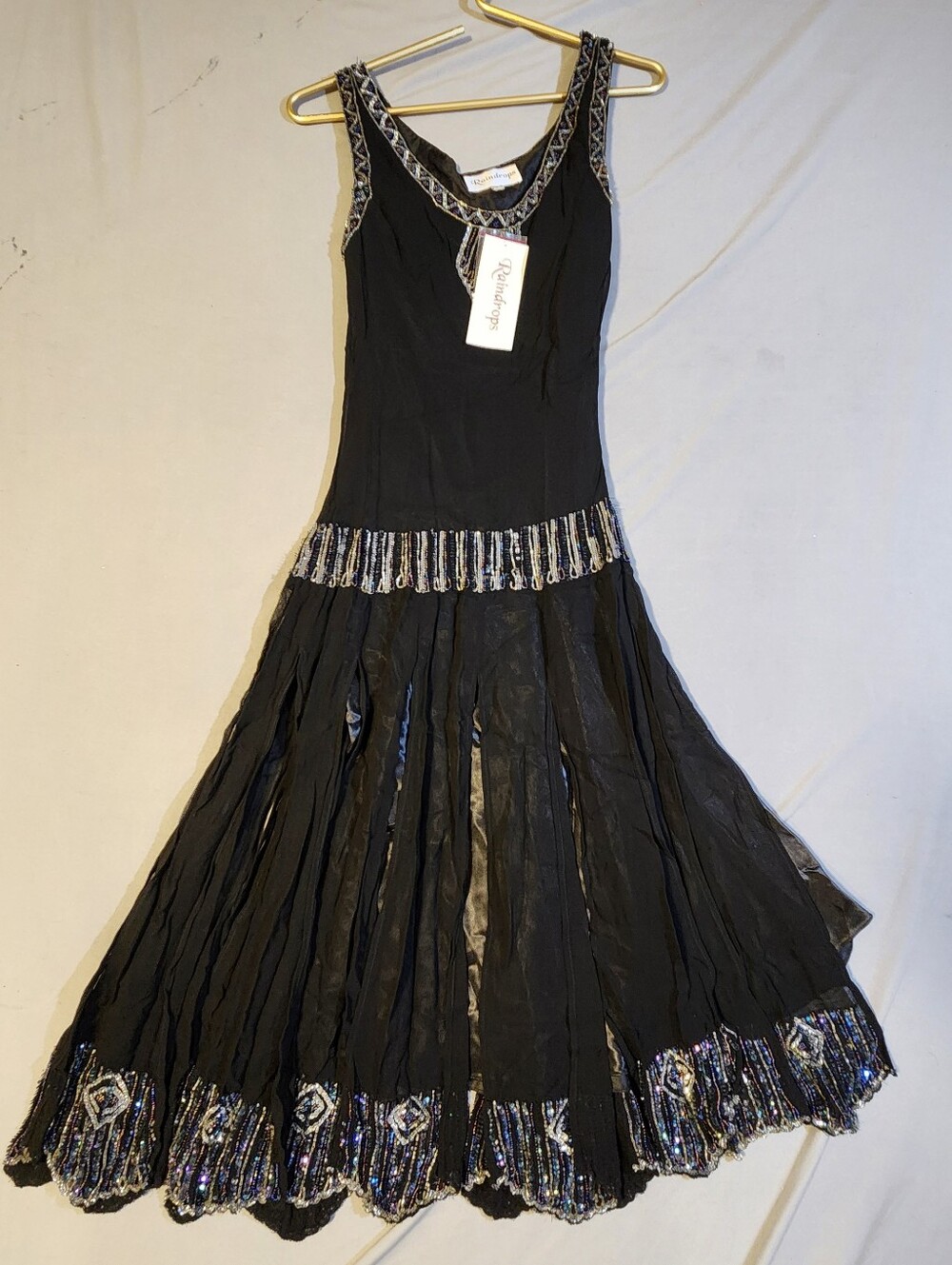 Raindrops Black Beaded Maxi Dress with Silver Accents